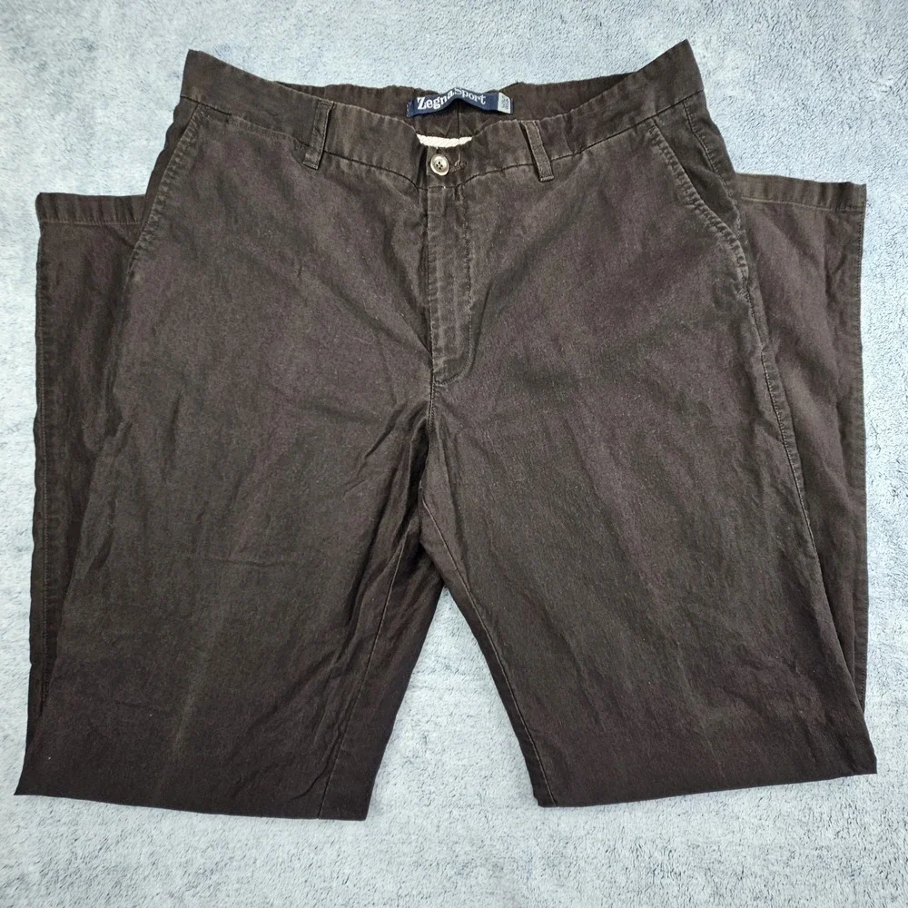 Ermengildo Zegna Sport Pants Mens 38x35 Brown 100% Cotton Trousers Flat Front